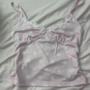SOLD‼️ Pink Polka Dot Cami with Lace Trim